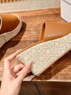 DIOR ATTITUDE WEDGE SLIDE 90MM IN BROWN CALFSKIN NATURAL BEIGE RAFFIA SOLE