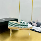 CHANEL SLIP-ON 25S IN DARK GREEN AND WHITE FABRIC WITH STRIPED PATTERN