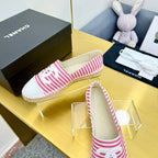 CHANEL SLIP-ON 25S IN PINK AND WHITE FABRIC WITH STRIPED PATTERN