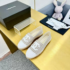 CHANEL SLIP-ON 25S IN BEIGE AND WHITE FABRIC WITH STRIPED PATTERN