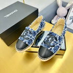 CHANEL ESPADRILLES PLATFORM 25S IN BLUE TWEED MIX BLACK CALFSKIN