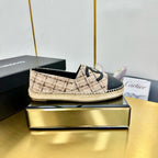 CHANEL ESPADRILLES PLATFORM 25S IN LIGHT BEIGE TWEED MIX BLACK CALFSKIN WITH PLAID PATTERN