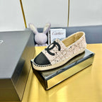 CHANEL ESPADRILLES PLATFORM 25S IN LIGHT BEIGE TWEED MIX BLACK CALFSKIN WITH LINED PATTERN