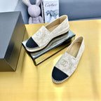 CHANEL ESPADRILLES PLATFORM IN MOSSY BROWN MIX BLACK PATTERN FABRIC