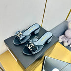 CHANEL BOWKNOT RHINESTONES MID HEEL MULE IN STONE BLUE VELVET