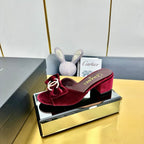 CHANEL BOWKNOT RHINESTONES MID HEEL MULE IN GARNET RED VELVET