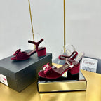 CHANEL BOWKNOT RHINESTONES MID HEEL SANDAL IN GARNET RED VELVET