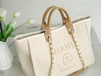 CHANEL TOTE BAG 39 ATTACHED PEARL LOGO IN BEIGE CANVAS GOLD HARDWARE