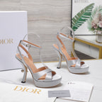 DIOR PEARL-EMBELLISHED HIGH HEEL SANDALS 25S 115 MM IN SILVER SATIN