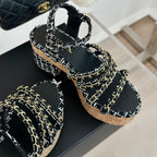 CHANEL Double C Wooden Chain Platform Block Heel Sandals White Caro/ Black