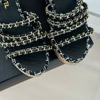 CHANEL Double C Wooden Chain Platform Block Heel Sandals White Caro/ Black