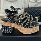 CHANEL Double C Wooden Chain Platform Block Heel Sandals White Caro/ Black