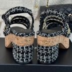 CHANEL Double C Wooden Chain Platform Block Heel Sandals White Caro/ Black