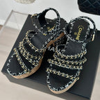 CHANEL Double C Wooden Chain Platform Block Heel Sandals White Caro/ Black