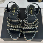 CHANEL Double C Wooden Chain Platform Block Heel Sandals White Caro/ Black