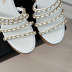 CHANEL Double C Wooden Chain Platform Block Heel Sandals White