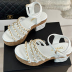 CHANEL Double C Wooden Chain Platform Block Heel Sandals White