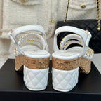 CHANEL Double C Wooden Chain Platform Block Heel Sandals White