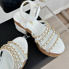 CHANEL Double C Wooden Chain Platform Block Heel Sandals White