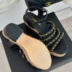 CHANEL Double C Wooden Chain Platform Block Heel Sandals Black