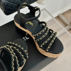 CHANEL Double C Wooden Chain Platform Block Heel Sandals Black
