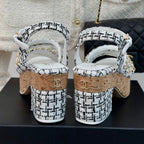 CHANEL Double C Wooden Chain Platform Block Heel Sandals Black Caro/ White