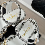 CHANEL Double C Wooden Chain Platform Block Heel Sandals Black Caro/ White