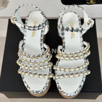 CHANEL Double C Wooden Chain Platform Block Heel Sandals Black Caro/ White
