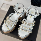 CHANEL Double C Wooden Chain Platform Block Heel Sandals Black Caro/ White