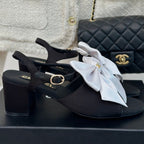 CHANEL Double  Big Bow High Sandal Sheepskin Black White