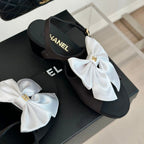 CHANEL Double  Big Bow High Sandal Sheepskin Black White