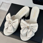 CHANEL Double  Big Bow High Heels Sheepskin White
