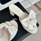 CHANEL Double  Big Bow High Heels Sheepskin White
