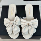 CHANEL Double  Big Bow High Heels Sheepskin White