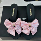 CHANEL Double  Big Bow High Heels Sheepskin Light Pink / Black