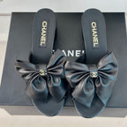 CHANEL Double  Big Bow High Heels Sheepskin Black
