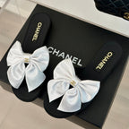 CHANEL Double  big bow flat sandals Sheepskin White Black