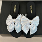 CHANEL Double  big bow flat sandals Sheepskin White Black