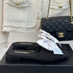 CHANEL Double  big bow flat sandals Sheepskin White Black