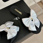CHANEL Double  big bow flat sandals Sheepskin White Black