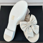 CHANEL Double  big bow flat sandals Sheepskin White Cream