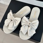 CHANEL Double  big bow flat sandals Sheepskin White Cream