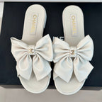 CHANEL Double  big bow flat sandals Sheepskin White Cream