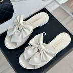 CHANEL Double  big bow flat sandals Sheepskin White Cream