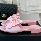 CHANEL Double  big bow flat sandals Sheepskin Light Pink