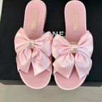 CHANEL Double  big bow flat sandals Sheepskin Light Pink