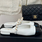 CHANEL Double C Two-Tone Chain Mules White Lambskin