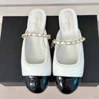CHANEL Double C Two-Tone Chain Mules White Lambskin