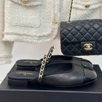 CHANEL Double C Two-Tone Chain Mules Black Lambskin