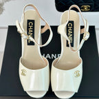 CHANEL Double C High Heel Sandals Beige Cream Leather